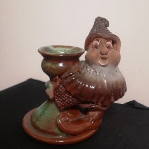 Charming Signed Studio Art Pottery Gnome Candle Holder Terracotta Redware